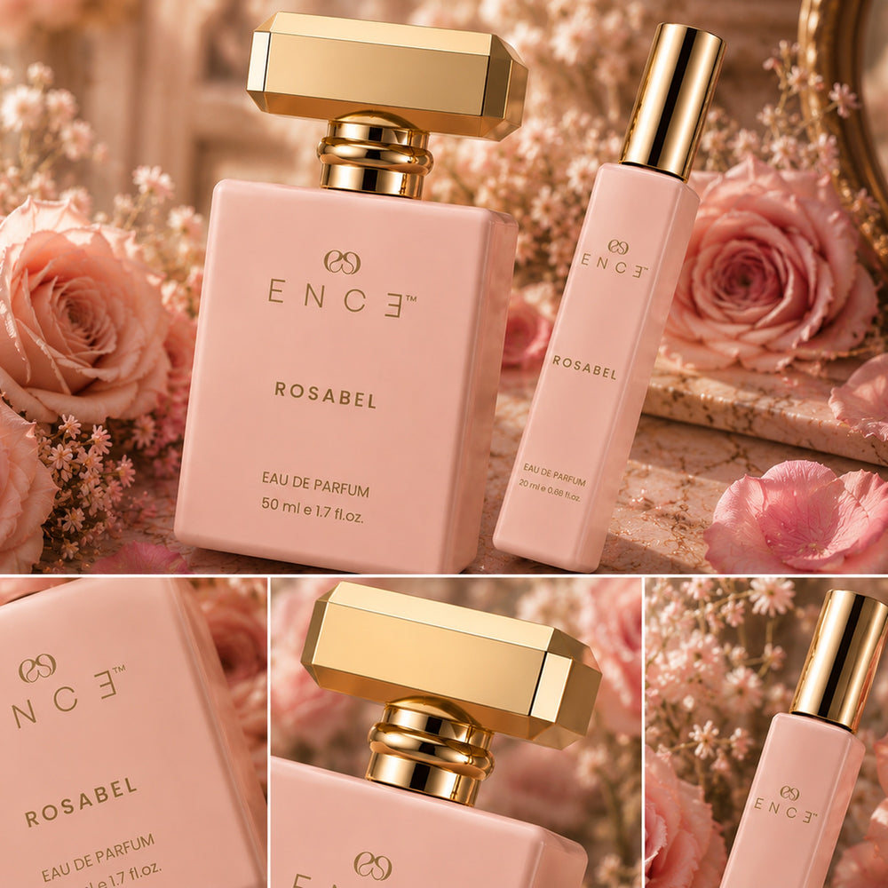 ENCE Rosabel Raspberry & Indian Damask Rose Eau de Parfum (50ml / 20 ml) – close-up macro shot of the bottle