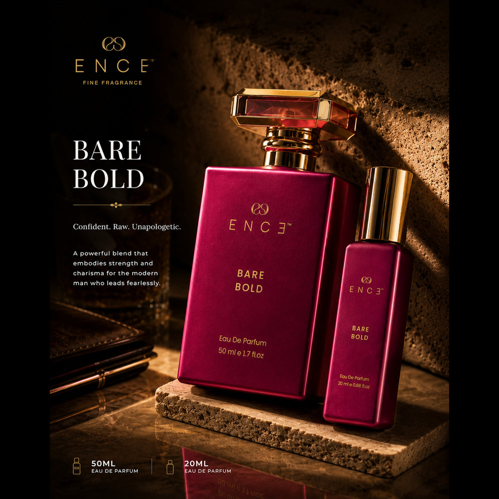 ENCE Bare Bold Ginger & Cacao Eau de Parfum (50ml / 20ml) – styled editorial shot
