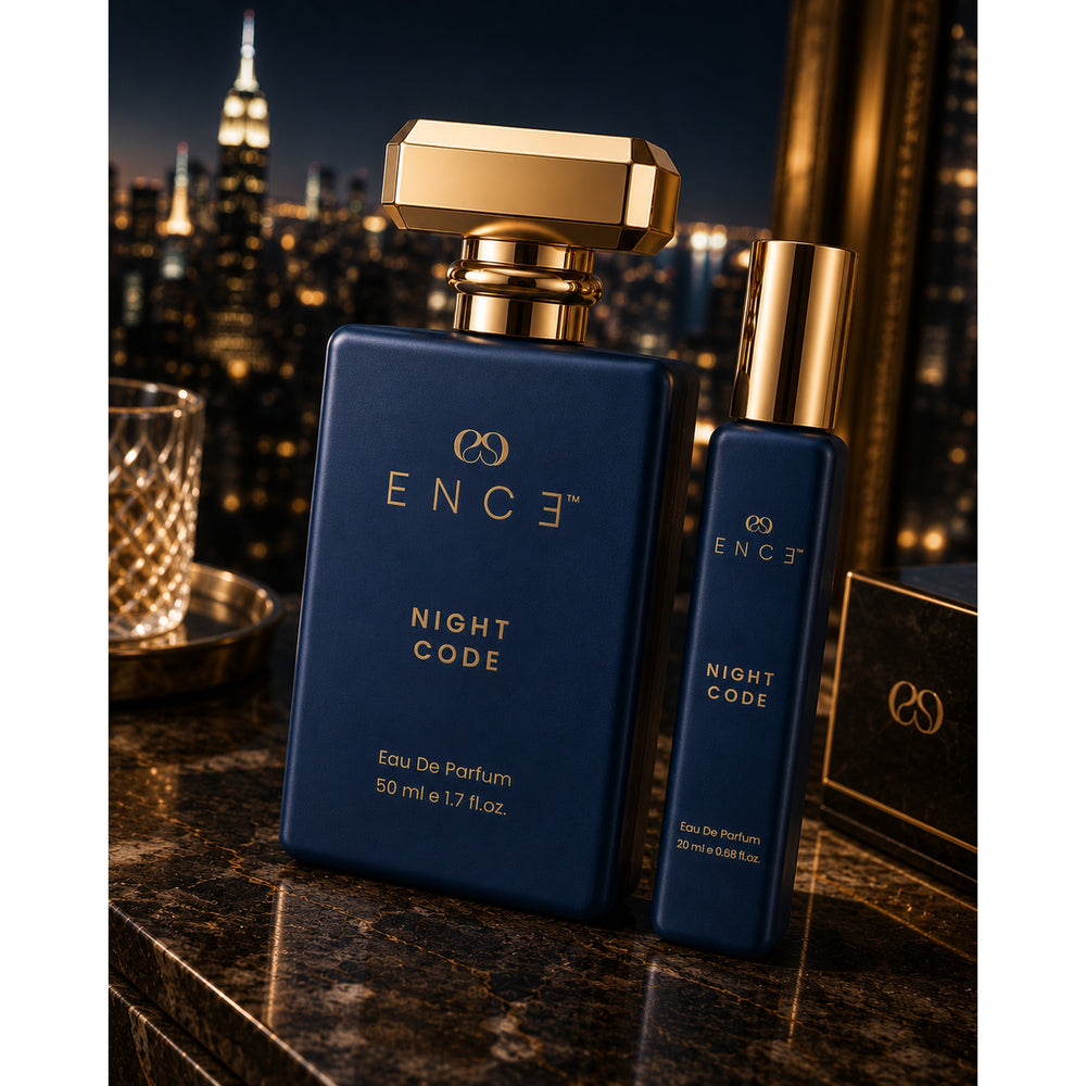 ENCE Night Code Violet Leaf & Black Pepper Eau de Parfum (50ml / 20ml) – styled editorial shot