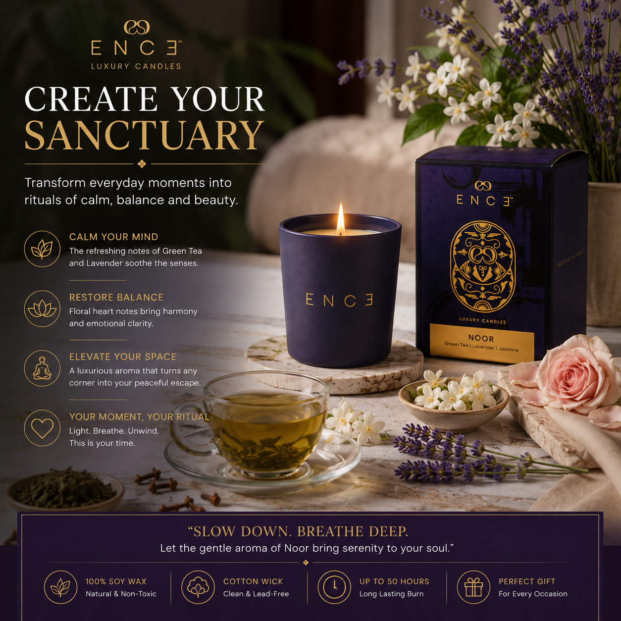 ENCE Noor  Japanese Green Tea & Lavender Luxury Soy Candle (200g / 50 Hrs)