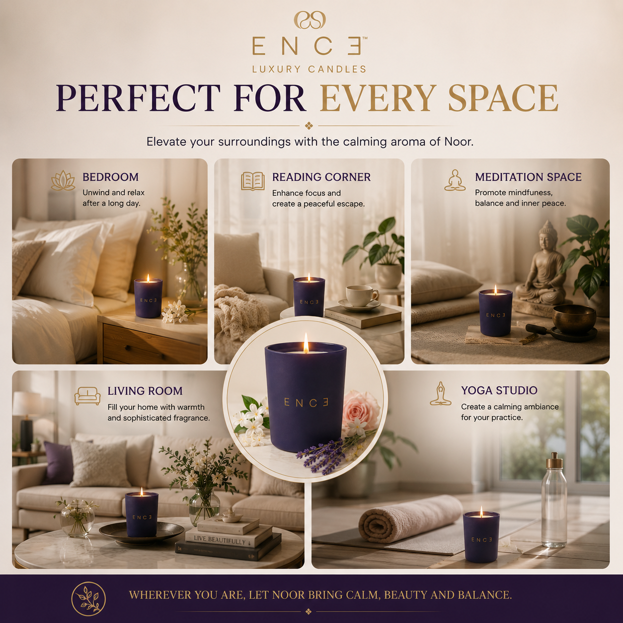ENCE Noor  Japanese Green Tea & Lavender Luxury Soy Candle (200g / 50 Hrs)