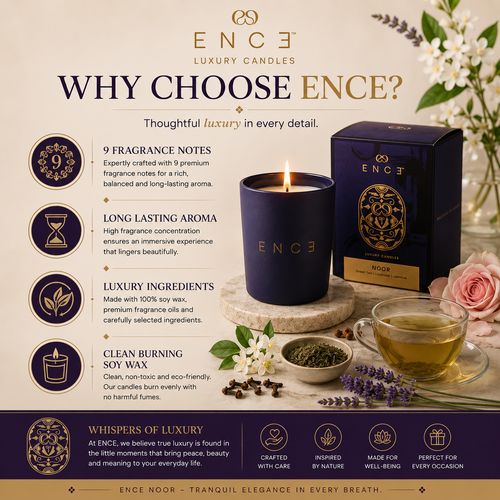 ENCE Noor  Japanese Green Tea & Lavender Luxury Soy Candle (200g / 50 Hrs)